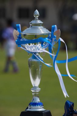 Gümüş kupa yakın plan. Parlak gümüş bardakta mavi ve beyaz konfeti düşüyor. Futbol sahasının sınırında birincilik için spor ödülü. Futbolcuları arka planda oynarken görmek.