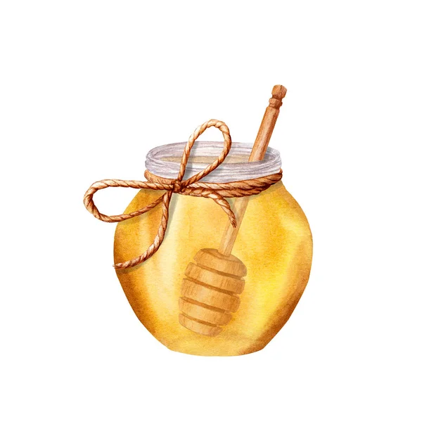 蜂蜜罐和木制蜂蜜棒组合物 手绘水彩画 背景为白色 剪贴画 — 图库照片