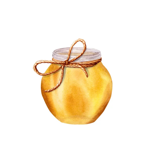 蜂蜜罐 有亚麻绳 手绘水彩画 背景为白色 剪贴画 — 图库照片
