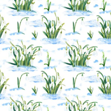 Kar damlaları ve karla kusursuz desen. Beyaz arka planda elle çizilmiş suluboya çizimi. Paket, dekor, tekstil, kumaş, ambalaj