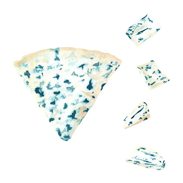 Modrý Sheese Trojúhelník Plátky Sada Ručně Kreslené Akvarel Potravin Ilustrace — Stock fotografie