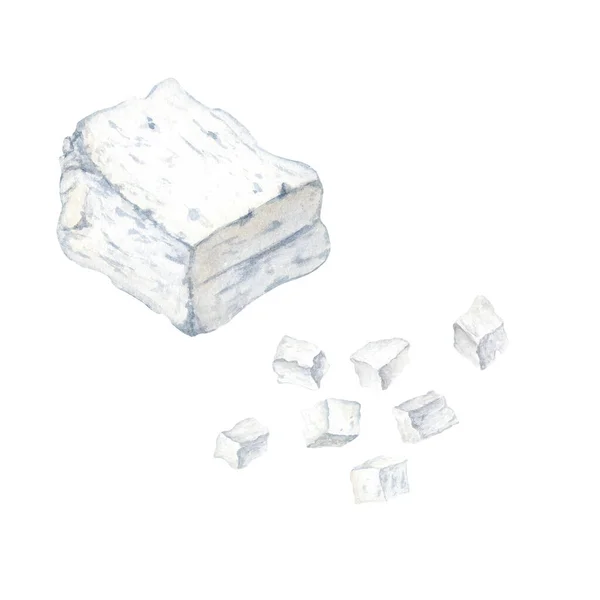Sada Sýrových Bloků Malých Kostek Ručně Kreslené Akvarel Ilustrace Izolované — Stock fotografie