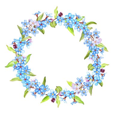 Forget-me-not flowers wreath. Hand drawing watercolor illustration isolated on white background. For greeting card, invitations, postcard.