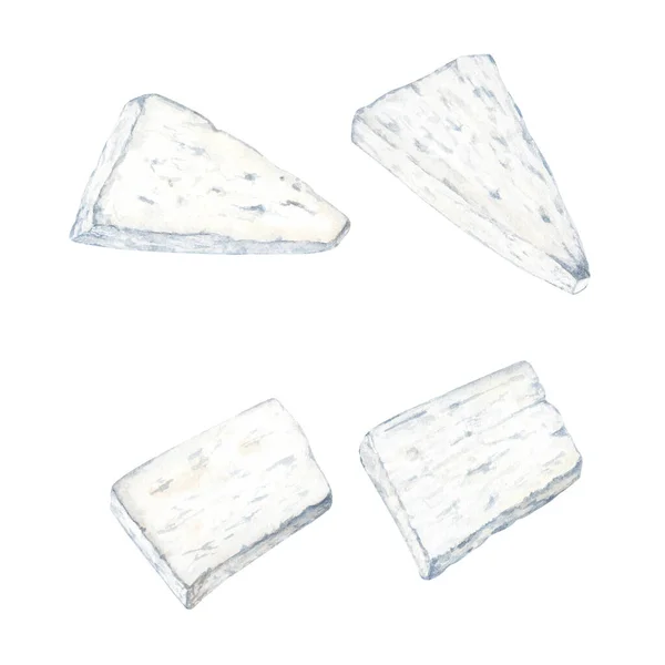 Set Feta Cheese Rectangular Triangle Slices Hand Drawn Watercolor Illustration — Stock fotografie