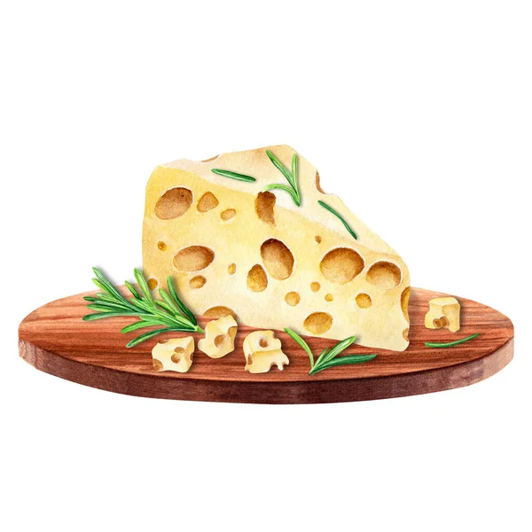 Composition Rosemary Cheese Holes Emmental Wooden Cutting Board Watercolor Illustration — 图库照片