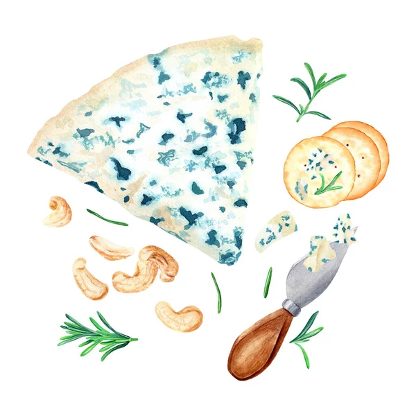 Modrý Ovčí Trojúhelník Krekry Kešu Ořechy Nůž Sýr Bylinky Ručně — Stock fotografie