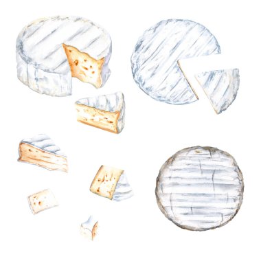 Brie, Camembert cheese block, slieces, bits set. Watercolor illustration isolated on white background