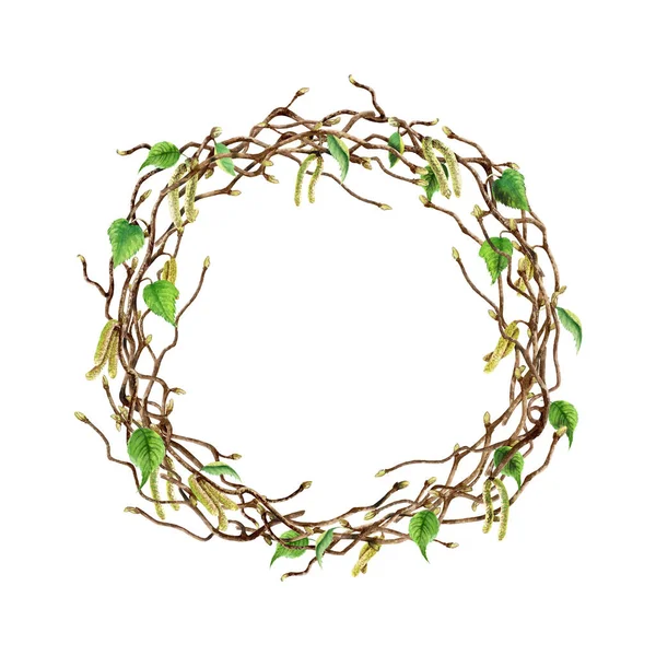 Watercolor Spring Branches Wreath Illustration Isolated White Floral Decoration Clip —  Fotos de Stock
