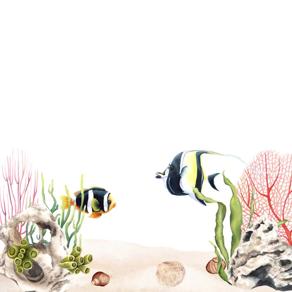 有珊瑚礁和热带鱼类的水下场景 在白色背景上孤立的手绘水彩画 用于剪贴画 — 图库照片