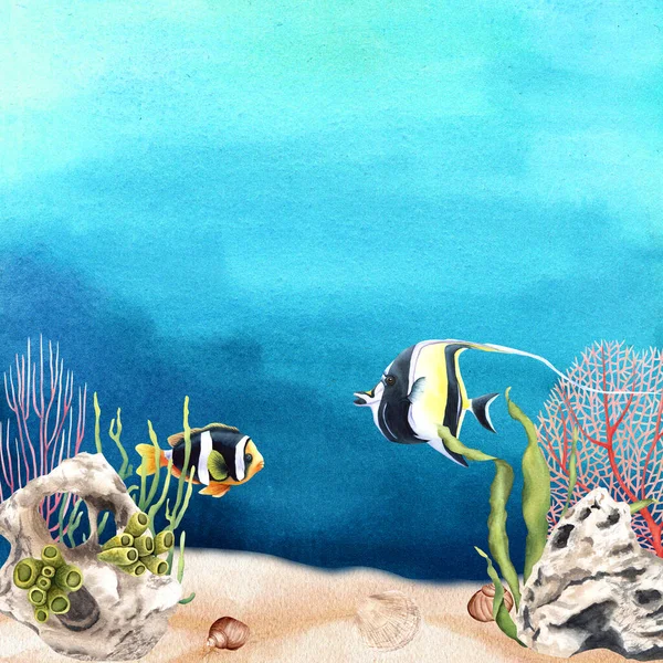 有珊瑚礁和热带鱼类的水下场景 手绘水彩画孤立的蓝色背景 用于剪贴画 — 图库照片