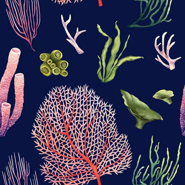 水彩画的无缝图案与海底植物和珊瑚礁 包装材料 纺织品 — 图库照片