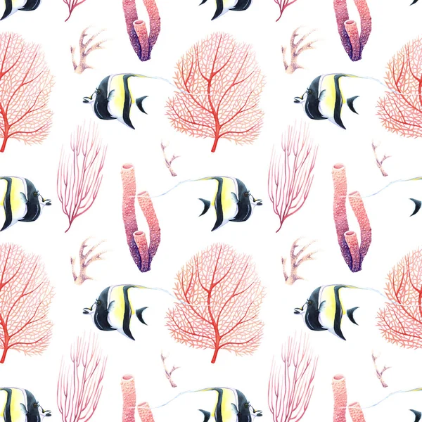 Watercolor Seamless Pattern Sea Reef Corals Tropical Fish Illustration Isolated — Stock Photo, Image