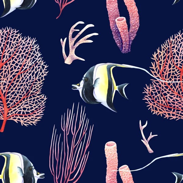 有珊瑚礁珊瑚和热带鱼的水色无缝图案 纺织品说明 — 图库照片