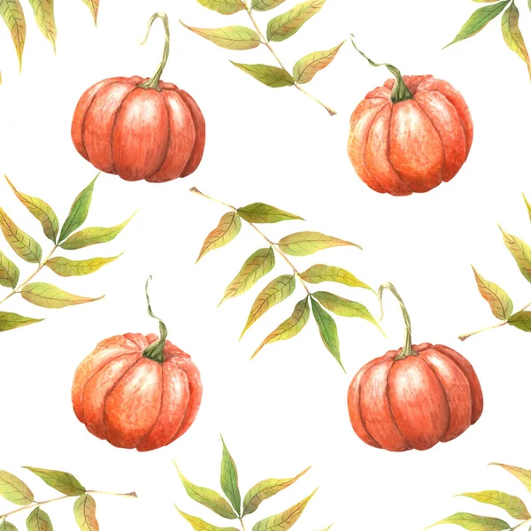 Watercolor Seamless Pattern Pumpkins Leaves Hand Drawn Autumn Illustration Isolated — Stock Photo, Image
