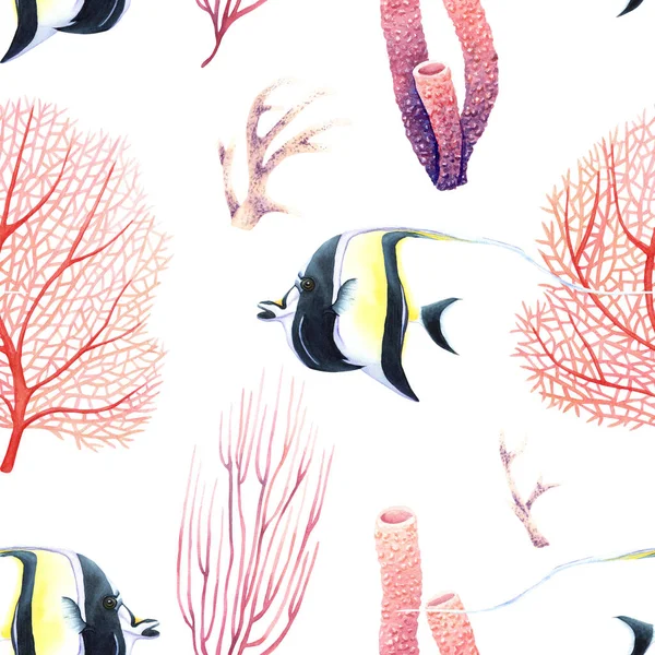 有珊瑚礁珊瑚和热带鱼的水色无缝图案 在白色背景上隔离的用于包装 纺织品的说明 — 图库照片