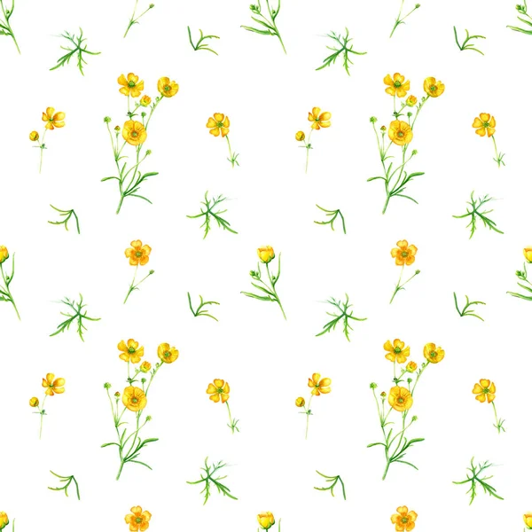 Узорчатый Узор Желтыми Бутонами Диких Цветов Листьями Бутонами Ручной Рисунок — стоковое фото