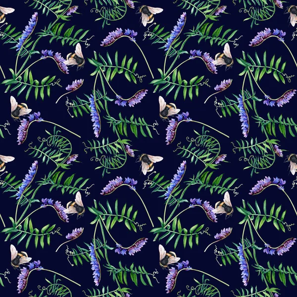 Бесшовный Рисунок Диким Растением Голубой Ветерок Шмель Акварельная Ботаническая Иллюстрация — стоковое фото