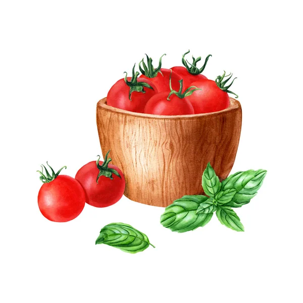 Une Composition Aux Tomates Cerises Dans Bol Bois Basilic Illustration — Photo
