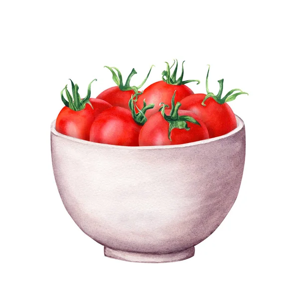 Ceramiczna Biała Miska Pomidorami Wiśniowymi Ręcznie Rysowane Ilustracja Akwarela Izolowane — Zdjęcie stockowe