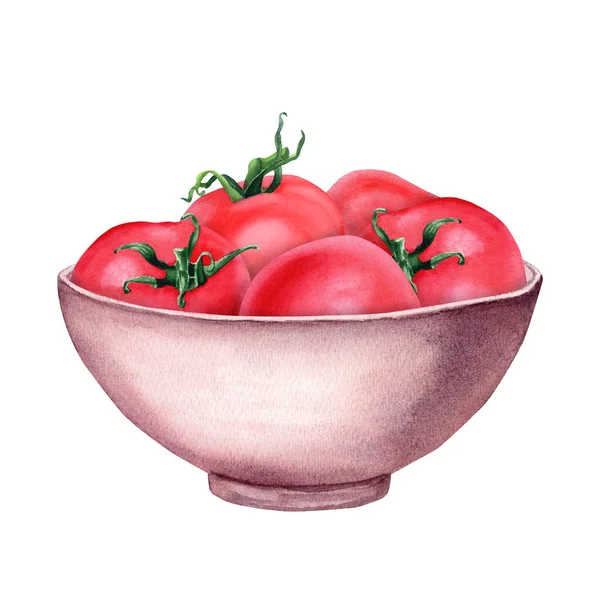 トマトとセラミックボウル 手描きの水彩イラスト クリップ メニュー ラベル パッケージのための白い背景で隔離される — ストック写真