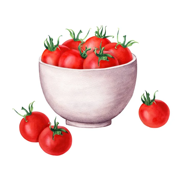 Ceramiczna Biała Miska Pomidory Wiśniowe Ręcznie Rysowane Ilustracja Akwarela Izolowane — Zdjęcie stockowe