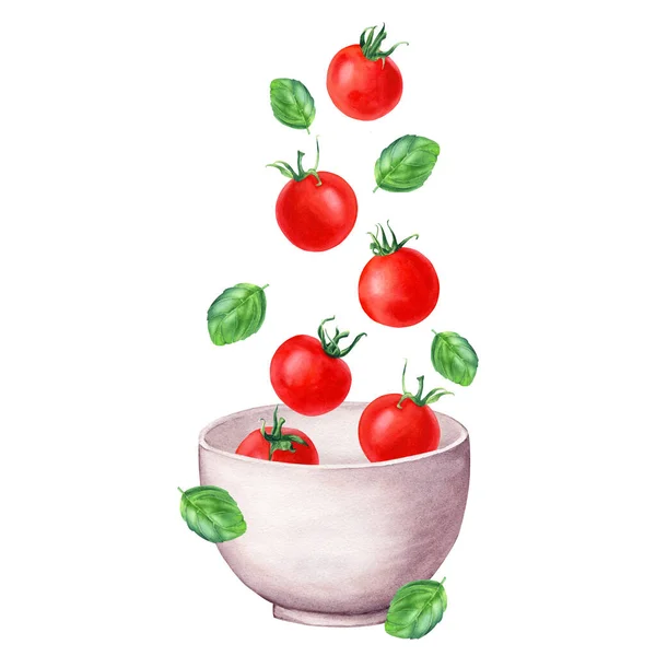 Kompozycja Ceramiczną Białą Misą Pomidorami Wiśniowymi Bazylią Ręcznie Rysowane Ilustracja — Zdjęcie stockowe