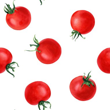 Kiraz domatesli suluboya desenli. El çizimi illüstrasyon beyaz arkaplanda ambalaj, duvar kağıdı, kumaş, tekstil için izole edildi