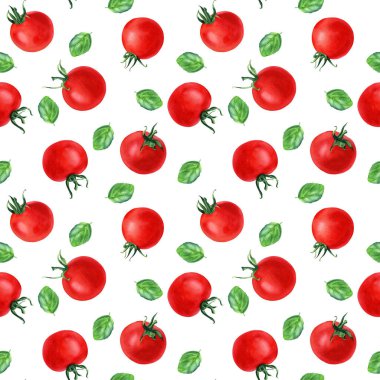Kiraz domatesli ve fesleğenli dikişsiz suluboya desen. El çizimi illüstrasyon beyaz arkaplanda ambalaj, duvar kağıdı, kumaş, tekstil için izole edildi