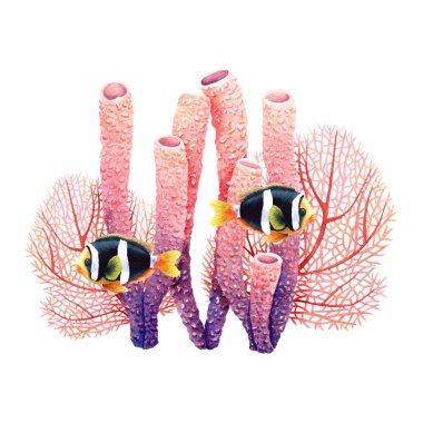 Mercan resifleri ve egzotik balıklarla dolu su altı bileşimi. Beyaz arka planda elle çizilmiş suluboya çizimi. Klip sanatı, kartlar, paketler için