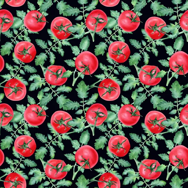 Yapraklı Kırmızı Domates Dallarıyla Sulu Boya Deseni Çizimi Ambalaj Duvar — Stok fotoğraf