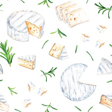 Brie peynirli, peynirli ve biberiyeli. Paket, duvar kağıdı, kumaş ve tekstil için el yapımı suluboya gıda çizimi