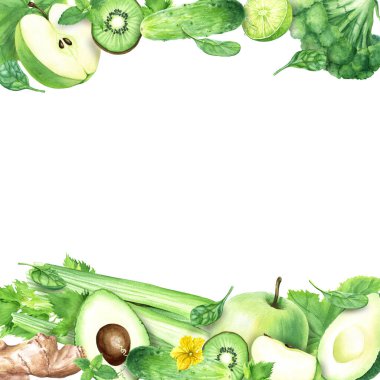 Yeşil meyve ve sebzeli suluboya kare çerçeve. Beyaz arka planda izole edilmiş elle çizilmiş yemek çizimi. Klip sanatı, kartlar, menü, etiket, paket