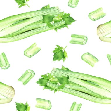Yeşil sebze kerevizli suluboya desenli. Beyaz arka planda izole edilmiş elle çizilmiş yemek çizimi. Sarma, duvar kağıdı, kumaş, tekstil için.