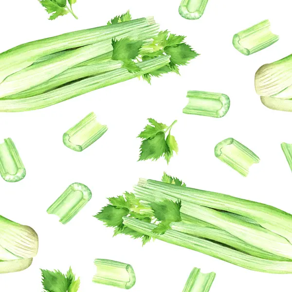 Yeşil sebze kerevizli suluboya desenli. Beyaz arka planda izole edilmiş elle çizilmiş yemek çizimi. Sarma, duvar kağıdı, kumaş, tekstil için.