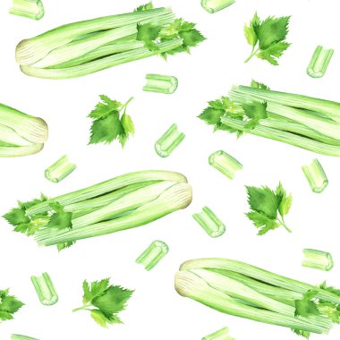 Yeşil sebze kereviz ve yapraklarla suluboya desenli. Beyaz arka planda izole edilmiş elle çizilmiş yemek çizimi. Sarma, duvar kağıdı, kumaş, tekstil için.