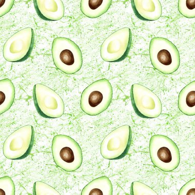Sulu boya deseni, yeşil avokado ve su sıçramaları. Beyaz arka planda izole edilmiş elle çizilmiş yemek çizimi. Sarma, duvar kağıdı, kumaş, tekstil için.