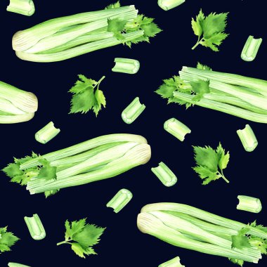 Yeşil sebze kereviz ve yapraklarla suluboya desenli. Elle çizilmiş yemek çizimi. Sarma, duvar kağıdı, kumaş, tekstil için.