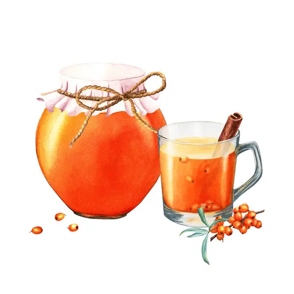 Composition with sea buckthorn, cup of drink and glass jar with fruit or berry jam. Hand drawn watercolor food illustration isolated on white background. For clip art, cards, menu, label, package