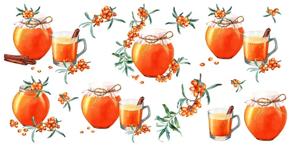 Set of sea buckthorn, rolled strips of cinnamon, cup of drink and glass jar with fabric cover filled with jam. Watercolor food illustration isolated on white. For clip art, cards, menu, label, package