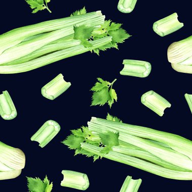 Yeşil sebze kerevizli suluboya desenli. Elle çizilmiş yemek çizimi. Sarma, duvar kağıdı, kumaş, tekstil için.