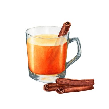 İçinde rulo tarçın kompozisyonu olan bir fincan tişört. Beyaz arka planda elle çizilmiş suluboya gıda çizimi. Klip sanatı, kartlar, menü, etiket, paket