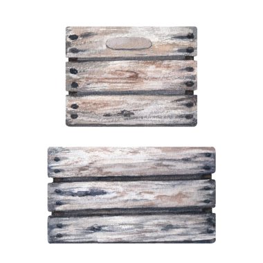 Bitkiler, sebzeler ve meyveler için boş tahta kutular. El çizimi suluboya çizimi. Beyaz arka planda izole edilmiş. Klip sanatı, etiket, paket için