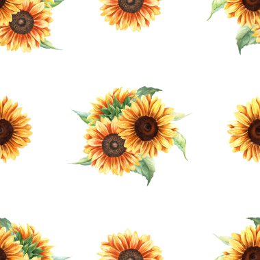 Sarı çiçekli suluboya desenli ayçiçekleri. El çizimi tekrarlama deseni beyaz arkaplanda sarma, duvar kağıdı, kumaş, tekstil için izole edildi