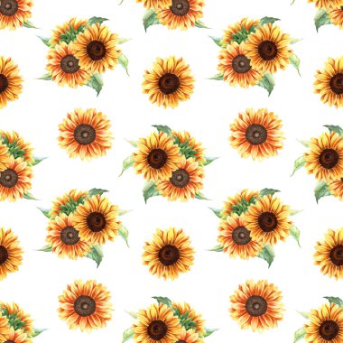 Sarı çiçekli suluboya desenli ayçiçekleri. El çizimi tekrarlama deseni beyaz arkaplanda sarma, duvar kağıdı, kumaş, tekstil için izole edildi