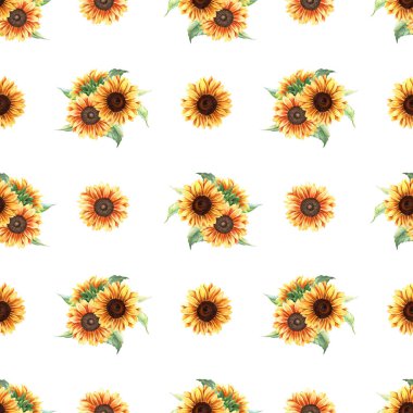 Sarı çiçekli suluboya desenli ayçiçekleri. El çizimi tekrarlama deseni beyaz arkaplanda sarma, duvar kağıdı, kumaş, tekstil için izole edildi