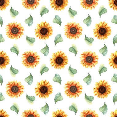 Suluboya pürüzsüz, sarı ayçiçekli ve yapraklı desen tekrarlanıyor. El çizimi tekrarlama deseni beyaz arkaplanda sarma, duvar kağıdı, kumaş, tekstil için izole edildi