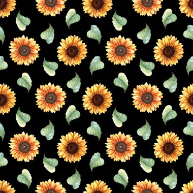 Suluboya pürüzsüz, sarı ayçiçekli ve yapraklı desen tekrarlanıyor. Sarma, duvar kağıdı, kumaş ve tekstil için el çizimi desen