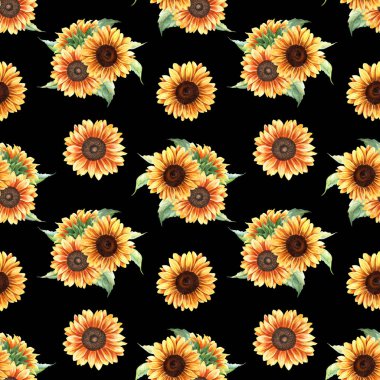 Sarı çiçekli suluboya desenli ayçiçekleri. Sarma, duvar kağıdı, kumaş ve tekstil için el çizimi tekrarlama deseni
