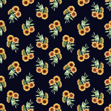 Buketli suluboya desenler, sarı ayçiçekleri. Sarma, duvar kağıdı, kumaş ve tekstil için el çizimi tekrarlama deseni