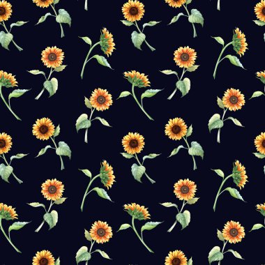 Sarı renkli ayçiçeği dallarıyla suluboya desenli. Sarma, duvar kağıdı, kumaş ve tekstil için el çizimi tekrarlama deseni